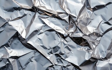 Abstract background of crumpled silver foil. Texture of metallic surface with folds and creases. Gray and white color palette. Close-up view