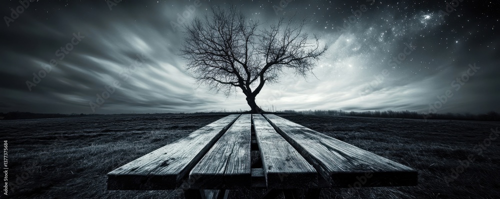 Poster a rustic wooden bench sits invitingly in a lush green field, shaded by a sprawling oak tree. sunligh