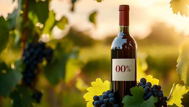 A stunning bottle of non-alcoholic wine surrounded by fresh grapes in a vineyard during sunset, showcasing nature's beauty.