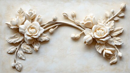 Elegant Cream Floral Relief Artwork with Roses and Buds on Textured Background