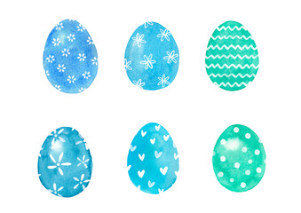 水彩で描いたイースターエッグ　卵　青　水色　緑色