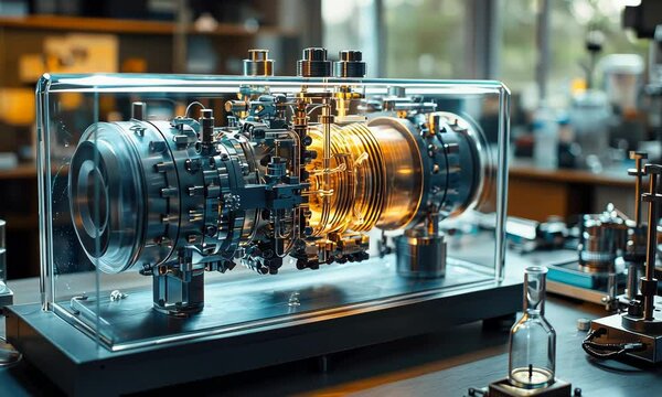 A highly detailed, futuristic engine encapsulated in a clear protective transparent case.