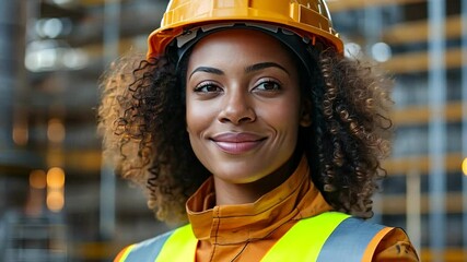 Confident woman worker in safety helmet smiling at construction site, showcasing her professionalism and dedication to safety.