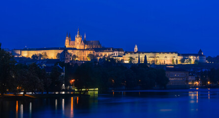 Fototapeta premium Long-exposure night view of Prague Castle and Vltava River in Prague, Czech Republic