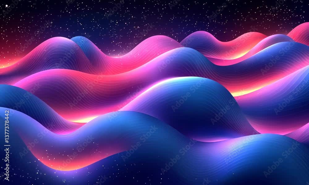 Poster abstract 3d rendering of cosmic undulating hills with a vibrant gradient and star-filled sky.