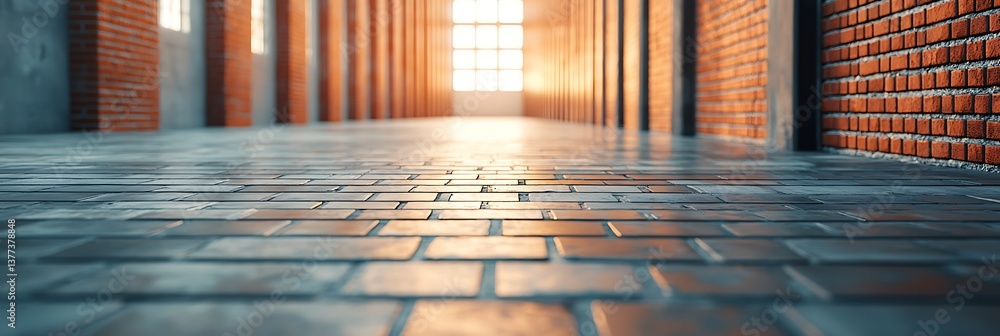 Poster a warm, inviting corridor with brick walls and a shiny tiled floor illuminated by sunlight streaming