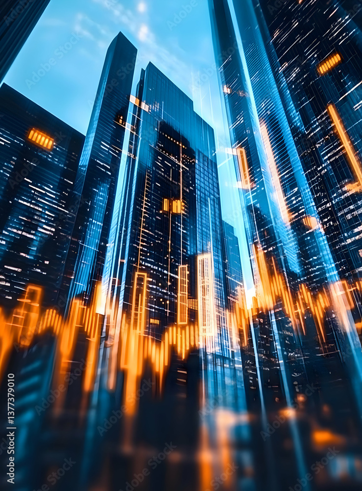 Poster a stunning view of colorful skyscrapers with a digital graph overlay, showcasing the intersection of