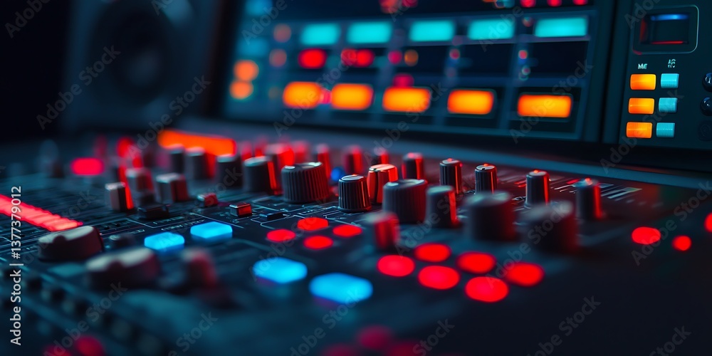 Poster a close-up of a colorful audio mixing console, showcasing knobs, buttons, and lights, creating a vib
