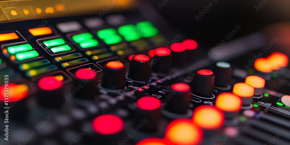 Poster a close-up view of a colorful audio mixer with illuminated buttons and knobs, showcasing a vibrant i