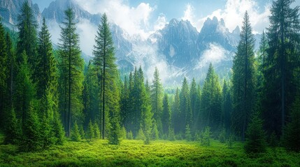Majestic mountain forest scene, sunlit valley, tranquil alpine