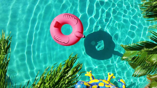 Top down summer vacation background. Aerial view clear blue pool with a pink inflatable Flamingo ring, surrounded by green palm trees. Florida holidays, Miami luxury trip, Hotel destination 4k copy