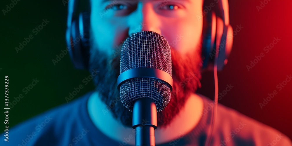 Poster a close-up of a man with headphones speaking into a shiny microphone, illuminated by colorful lighti