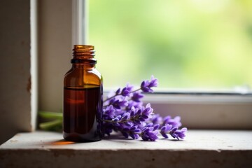 Aromatic Lavender Essential Oil in Amber Bottle on Window Sill
