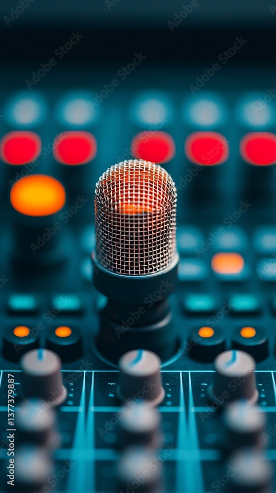 Aufkleber a close-up of a microphone on a mixing console, featuring colorful buttons and dials, emphasizing th