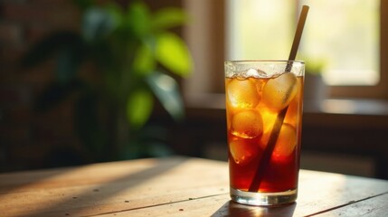Refreshing Iced Coffee in Sunlight on Wooden Table