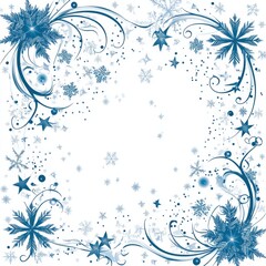 A vibrant blue Christmas frame adorned with intricate white snowflakes and shimmering stars, creating a festive atmosphere perfect for holiday photos or seasonal greetings.