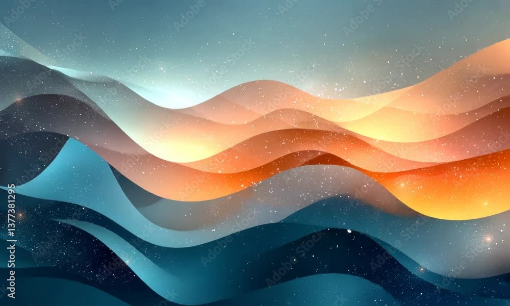 Poster abstract depiction of cosmic waves with celestial lights and layered, gradient color transitions.