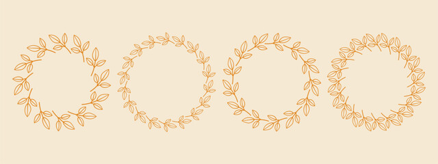 Simple flower circle frame set. Hand drawn yellow round line border, leaves and flowers, wedding invitation and cards, logo design and posters template. Elegant minimal style floral isolated set