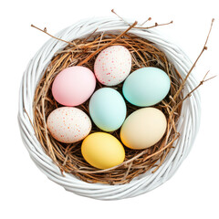 Easter eggs in white basket top view isolate on transparent background