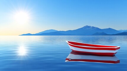 Serene sunrise scene; red and white boat floats on calm, clear water, mountains in background