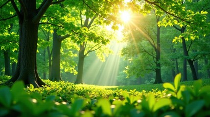 Obraz premium Serene Dawn in a Lush Forest with Sunlight Streaming Through the Canopy, Illuminating the Vibrant Green Undergrowth