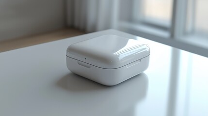A sleek white rectangular case containing a modern wireless earbud device rests on a clean simple table or workspace surface