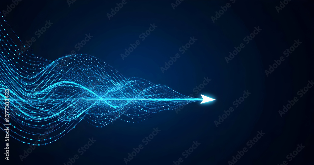 Poster a vibrant blue arrow representing direction and innovation, with flowing digital lines symbolizing p