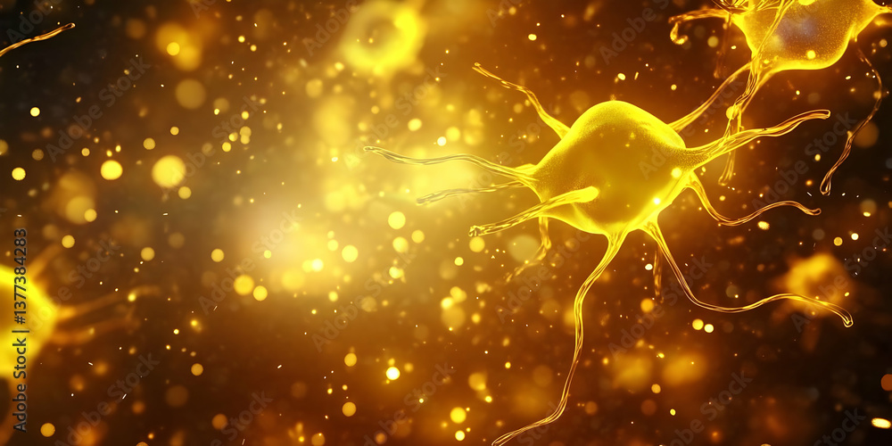 Poster a vibrant depiction of neurons with glowing golden hues, illustrating the complexities of neural con