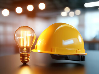 A vibrant construction scene showcasing a yellow hard hat next to a glowing light bulb, symbolizing innovation and safety.