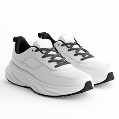 Stylish massive white sneakers with a bold silhouette with thick soles and black laces, isolated on a light background.