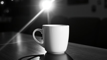 A simple white ceramic mug sits on a dark wooden surface