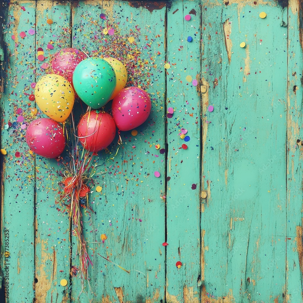 Poster a vibrant assortment of colorful balloons in various sizes rests on a rustic wooden surface, casting