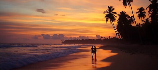 A couple walking along a tropical beach at sunset, the sky painted in hues of orange and pink