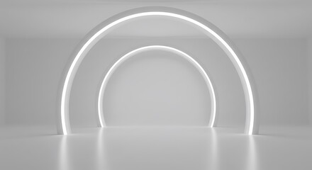 A luminous pathway of arched light inviting you to a serene, minimalist space with soft white illumination and reflective floors.