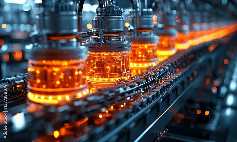 Poster a futuristic industrial assembly line featuring glowing components and metallic structures in vibran
