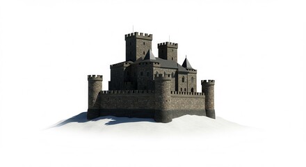 Obraz premium Majestic Medieval Castle on Snowy Hilltop 3D Render Fairytale Fortress Stone Architecture