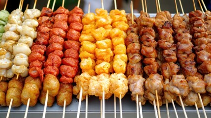 Colorful grilled skewers market food stall