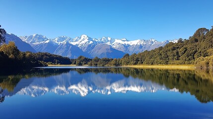 A tranquil lake reflecting snow-capped peaks under a clear blue sky pic
