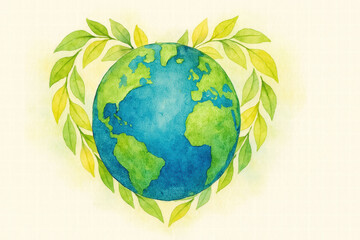 AI generated watercolor illustration of Earth with green leaves in heart shape