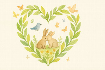 AI generated watercolor illustration of two rabbits in a heart-shaped nature frame


