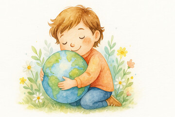 AI generated watercolor illustration of a child hugging the Earth

