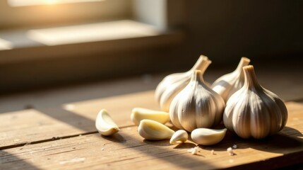 Sunlit Aromatic Garlic Bulbs and Cloves on Rustic Wooden Surface