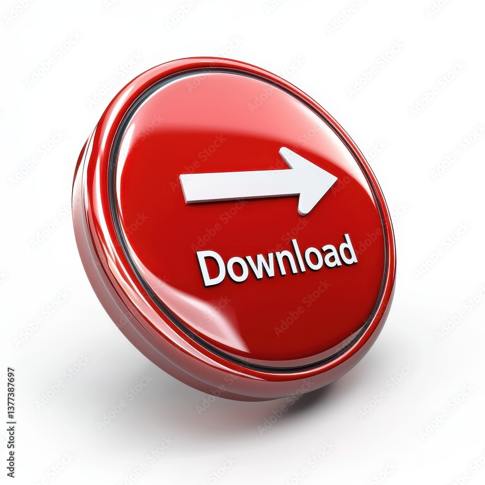 Poster red button with a white downward arrow representing a digital download function or link for accessin