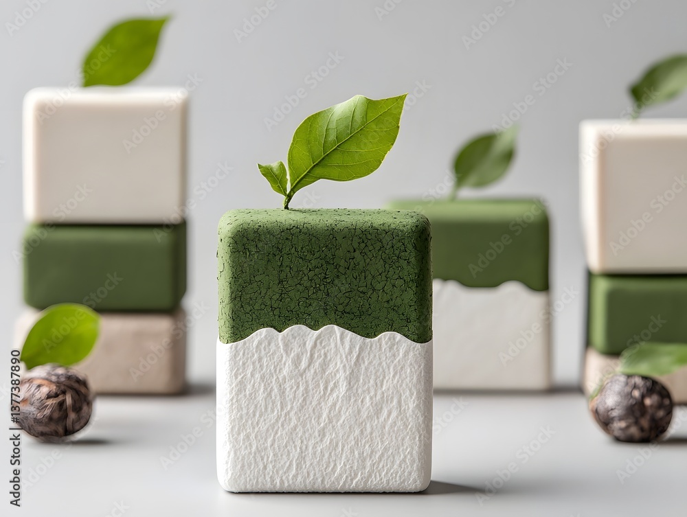 Poster stylized image of simple clean white cube shaped packaging with an embossed green leaf motif and mat