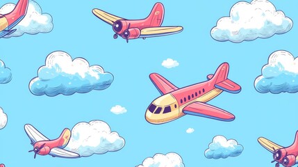 16.Hand-drawn seamless pattern of adorable airplanes and fluffy clouds, set in a clear blue sky with subtle gradients and playful line art.