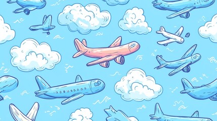 18.Repeating design of cartoon airplanes and hand-sketched clouds, arranged in a seamless sky-themed pattern with a light, airy aesthetic.