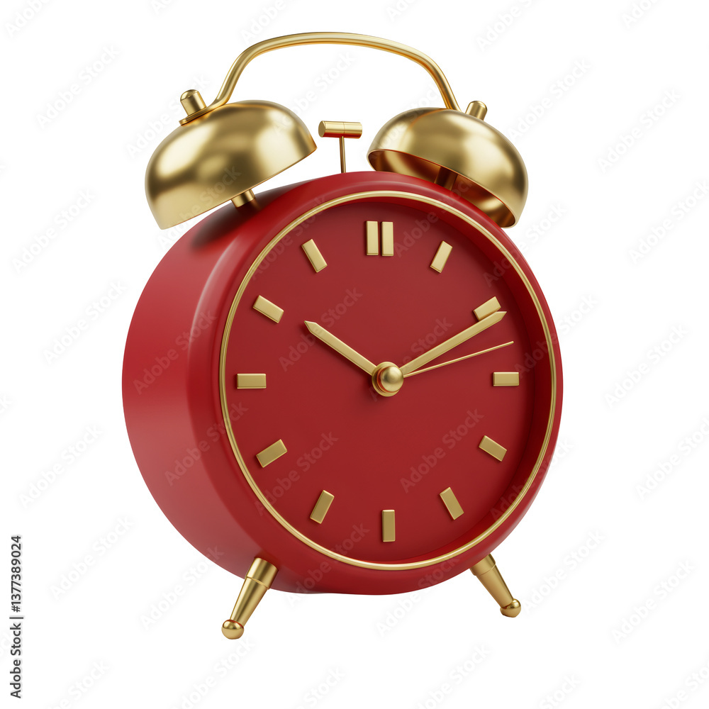 Poster red and gold 3d render alarm clock on transparent background