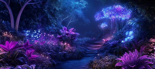 A dark, eerie jungle filled with towering carnivorous plants, glowing under bioluminescent light
