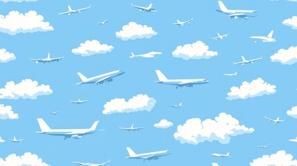 32.A seamless pattern of minimalist aircraft silhouettes flying in clear blue skies, spaced evenly with soft white clouds scattered throughout the background.