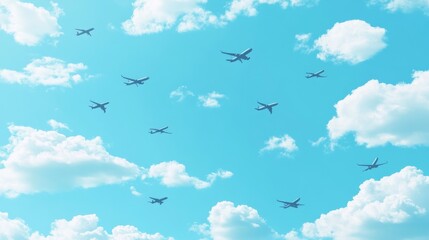 Fototapeta premium 32.A seamless pattern of minimalist aircraft silhouettes flying in clear blue skies, spaced evenly with soft white clouds scattered throughout the background.